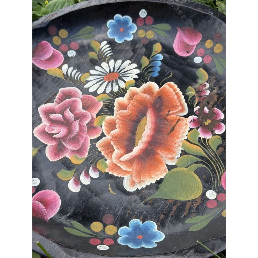 Vintage Mexican Hand-Painted Wooden Batea Bowl • Set Of 4 Peacocks Flowers - Picture 3 of 11